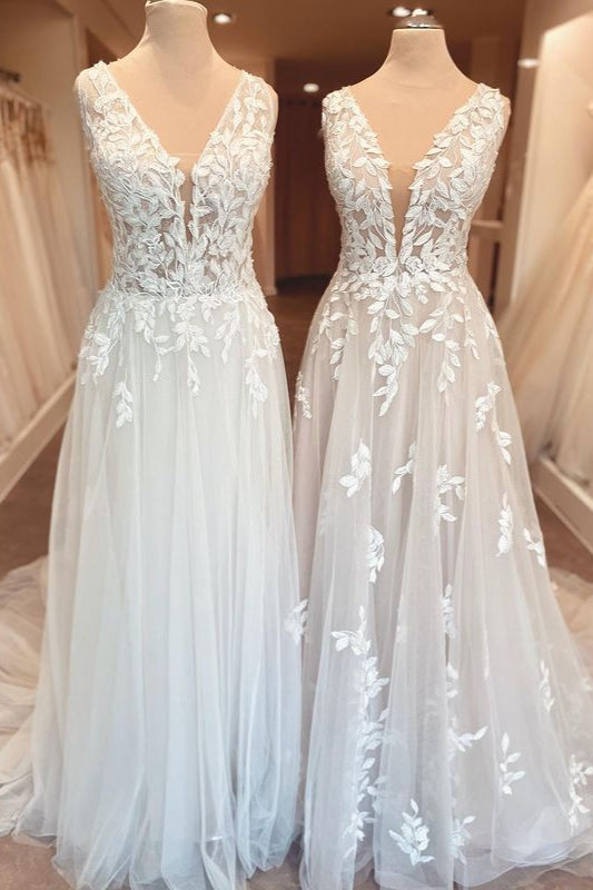 Classy Long A-Line Sweetheart Appliques Lace Open Back Wedding Dress