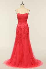 Coral Backless Long Prom Dress With Appliques