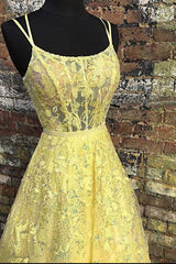 Custom Made Backless Yellow Lace Floral Long Prom Dress, Yellow Lace Formal Graduation Evening Dress