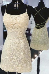 Cute Backless Yellow Lace Short Prom Dress, Yellow Lace Formal Graduation Homecoming Dress