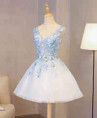 Cute Blue Lace Applique Short Prom Dress, Homecoming Dress