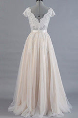 Cute Cap Sleeve V-neck Lace Tulle Wedding Dress