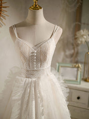 Cute Light Champagne Lace Tulle Short Prom Dress, Puffy Homecoming Dress