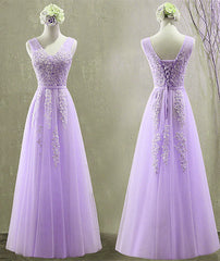 Cute Light Purple Tulle with Lace V-neckline Prom Dress, Long Evening Gown Formal Dress