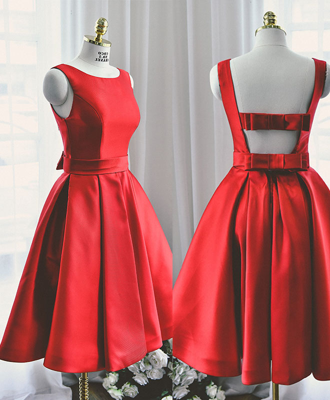 Cute Red A Line Satin Short Prom Dress, Backless Red Homecoming Dresses