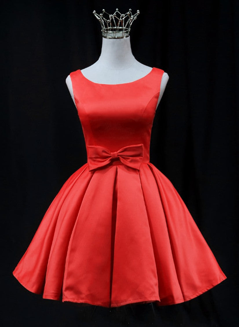 Cute Red Satin Short Party Dress Prom Dress, Red Round Neckline Homecoming Dress