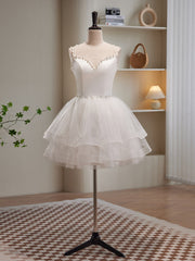 Cute White Short Tulle Beaded Graduation Dress, White Short Prom Dress Formal Dress