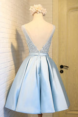 Sky Blue A Line V Neck Short Prom Dresses, Appliques Lace Homecoming Dresses