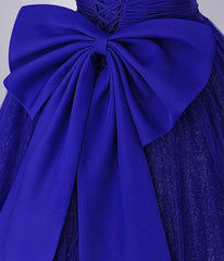 Cute Tulle Long Prom Dress with Bow, Royal Blue Short Sleeve Evening Party Dress