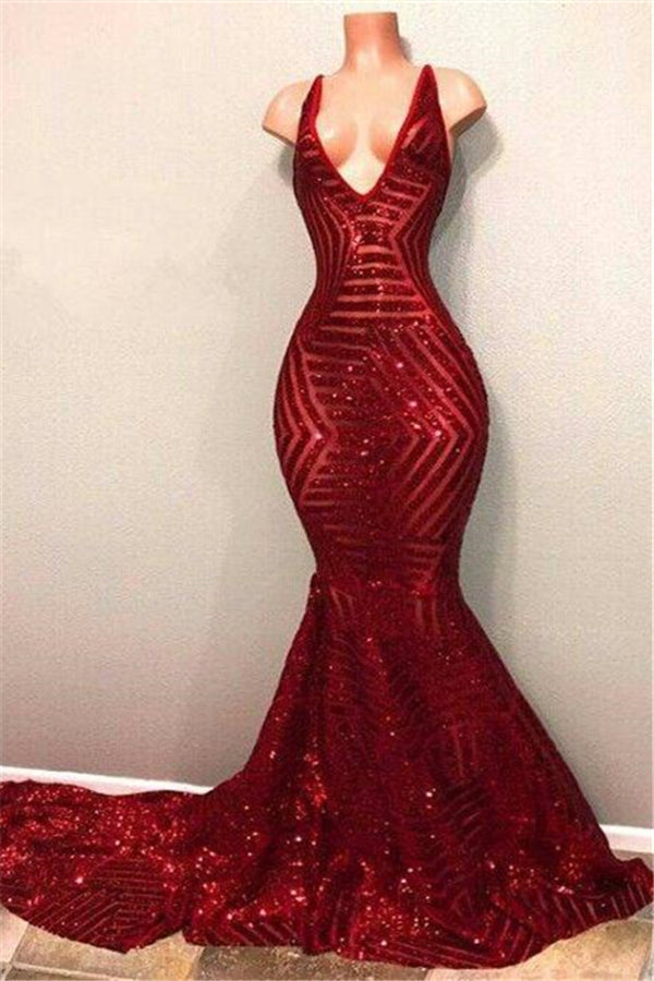 Red Sequins Shiny V-Neck Mermaid Long Prom Dresses