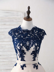 Dark Blue Lace Tulle Short Prom Dress Blue Bridesmaid Dress