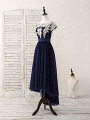 Dark Blue Tulle Lace Applique High Low Prom Dresses