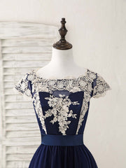 Dark Blue Tulle Lace Applique High Low Prom Dresses