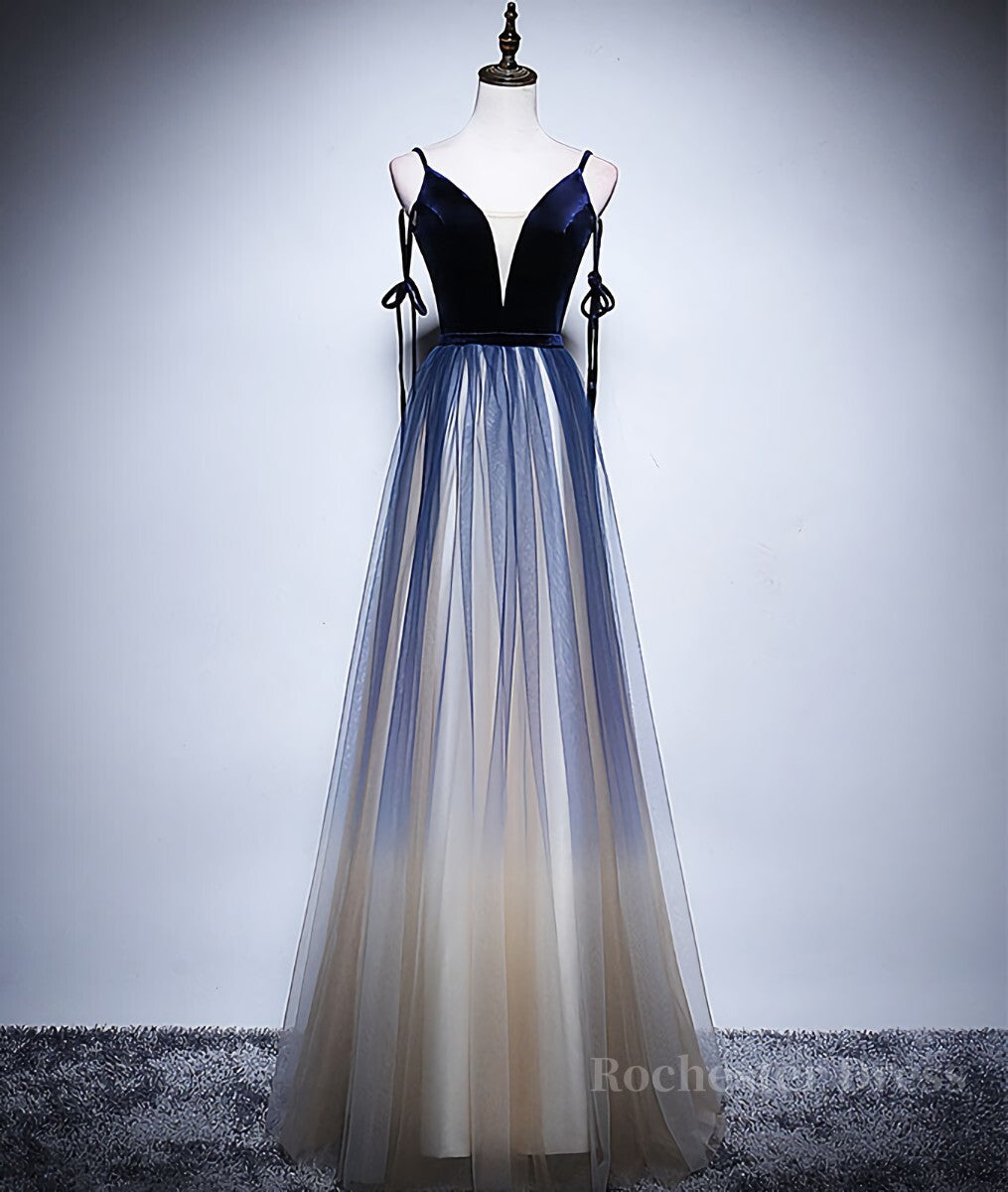 Dark blue tulle long prom dress, blue evening dress