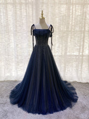 Dark Blue Tulle Sequin Long Prom Dress, Blue Tulle Formal Dress