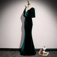 Dark Green Velvet Mermaid Slit V-neckline Formal Dress Party Dress, Long Evening Dresses