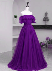 Dark Purple Tulle Off Shoulder Long Party Dress, A-line Purple Prom Dress