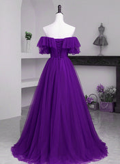 Dark Purple Tulle Off Shoulder Long Party Dress, A-line Purple Prom Dress