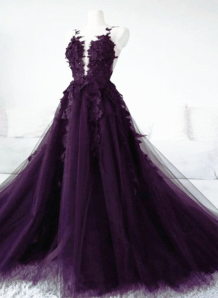 Dark Purple Tulle with Lace Applique Formal Dress, Purple Evening Dress