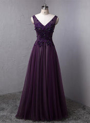 Dark Purple V-neckline Beaded Tulle Long Formal Dress, Purple Evening Dress