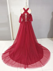 Dark Red Tulle Lace Long Prom Dress, Red Tulle Lace Evening Dress