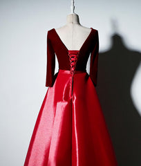 Dark Red Velvet and Satin V-neckline Long Prom Dresses Evening Dress, Red Bridesmaid Dresses