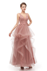 Double V-Neck Beaded Applique Layered Tulle Prom Dresses