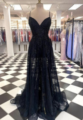 Black Tulle Lace Long Prom Dress, Black Evening Dress