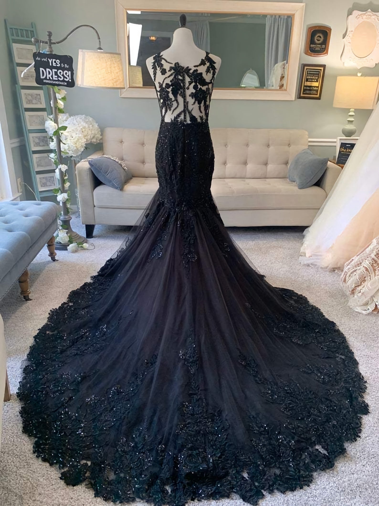 Black Wedding Dress, Gothic Wedding Dress, Mermaid Black Dress, A Line Wedding Dress, Black Lace Wedding Dress, Illusion Back Wedding Dress