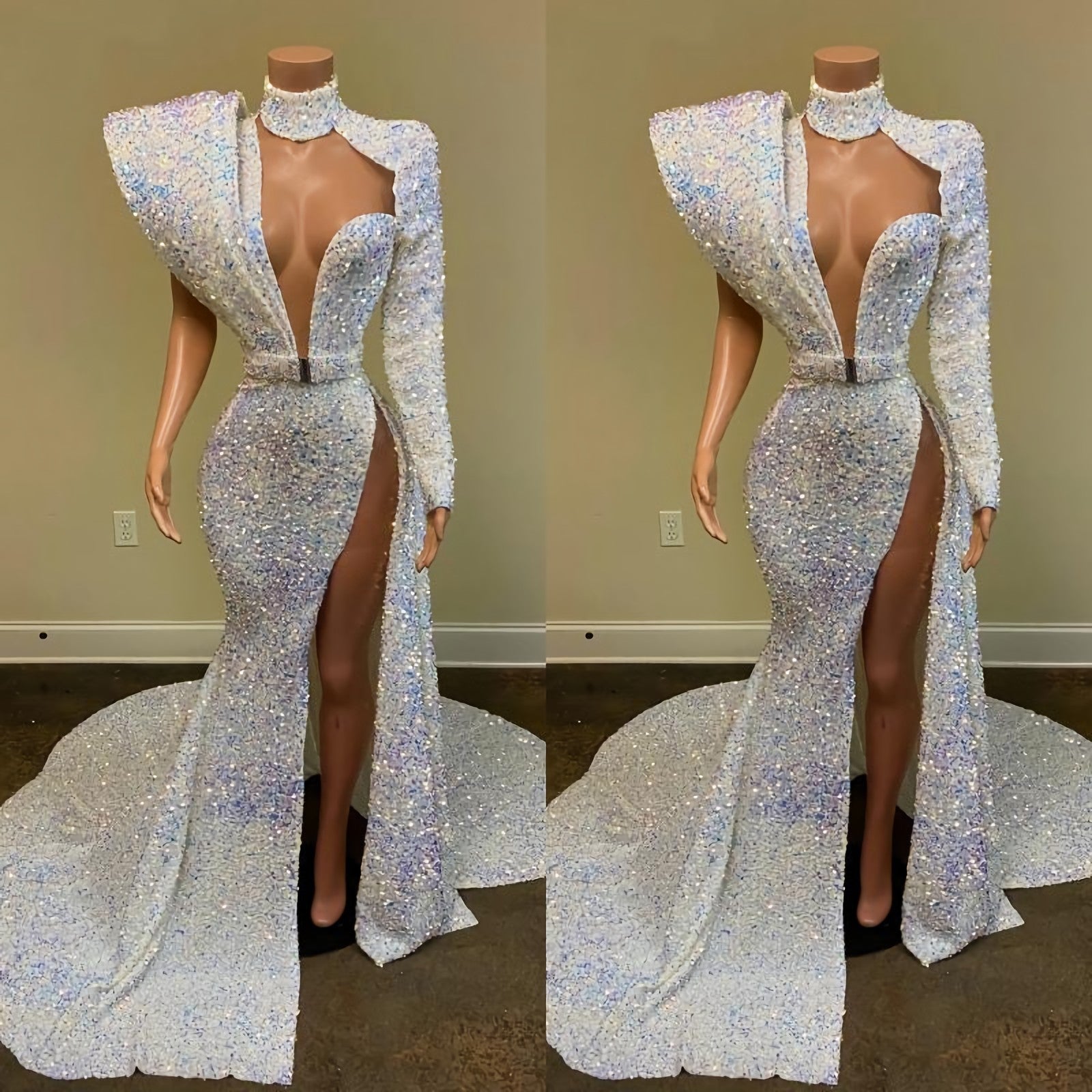 Gorgeous Sequin Long Mermaid Prom Dresses, 2024 Sexy High Slit Sheer High Neck Single Long Sleeve African Black Girl Prom Dress