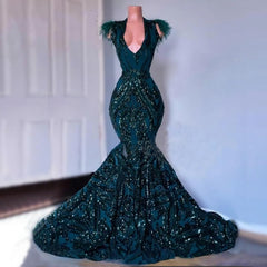 Dark Green Sequined Mermaid Prom Dresses, 2024 For African Black Girls Court Train Feather V Neck Sexy Formal Party Gowns