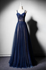 Navy Blue Tulle V Neck Long Women Prom Dress, Lace Up Evening Dress