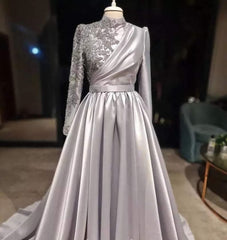 Rose Gold Silver Prom Dress, Long Sleeves Dubai Evening Dresses, Muslim Women Wedding Party Gowns 2024 Elegant Silver Grey Arabic Engagement