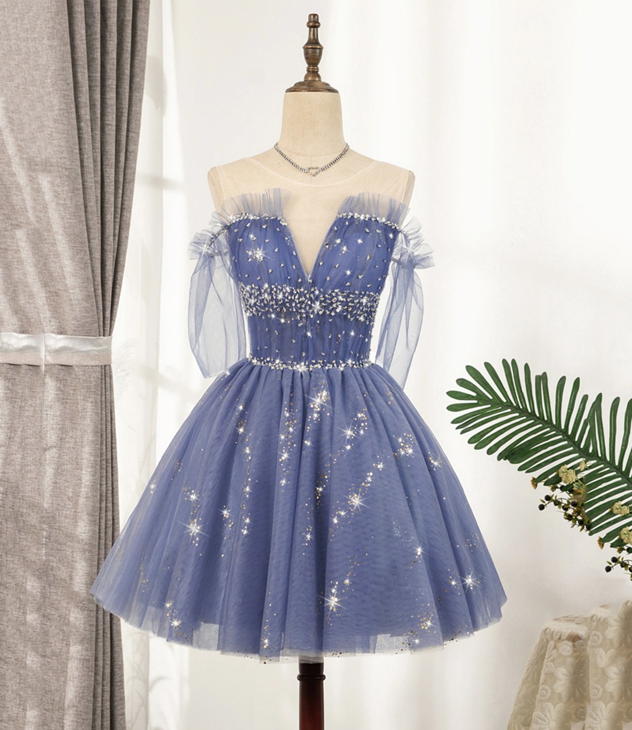 Blue Tulle Sequins Short A Line Homecoming Dress, Party Dress