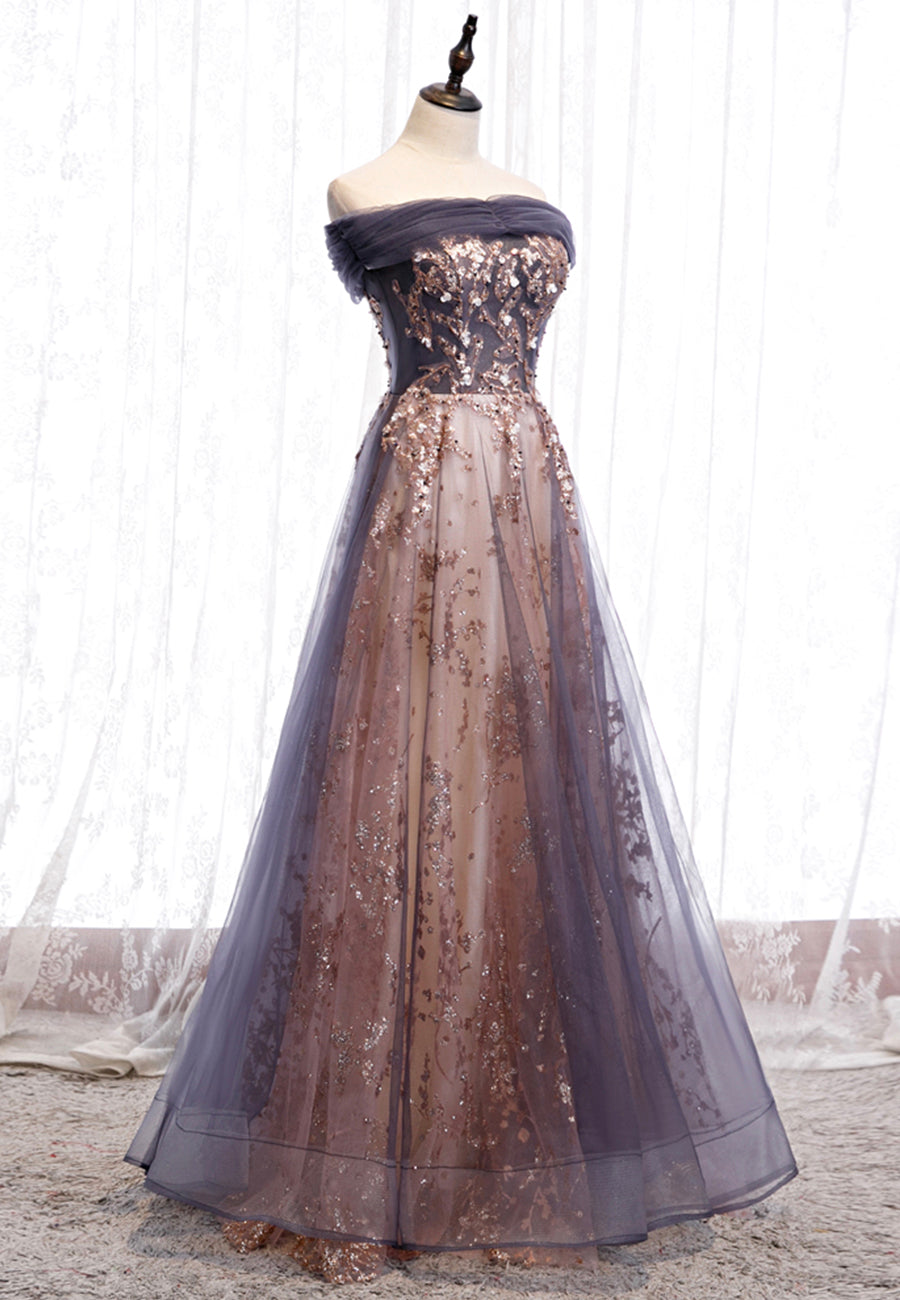 Purple Tulle Long Prom Dresses, A-Line Evening Dresses