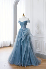 Dusty Blue Tulle Floor Length Prom Dresses, Blue Off the Shoulder Removable Sleeve Evening Dress