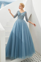 Dusty Blue V-Neck Half-Sleeve Prom Dresses Long With Beadings Lace-up