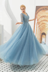 Dusty Blue V-Neck Half-Sleeve Prom Dresses Long With Beadings Lace-up