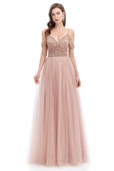 Dusty Pink Crystal Sparkle Starry Prom Dresses with Straps Backless