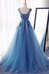 Appliques Lace Up Capped Sleeves A-Line/Princess Tulle 2024 Blue Prom Dresses