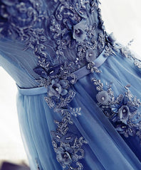 Blue A Line Tulle Lace Long Prom Dress, Evening Dress