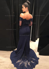 Elastic Satin Prom Dress Sheath Column Off The Shoulder Court Train With Lace