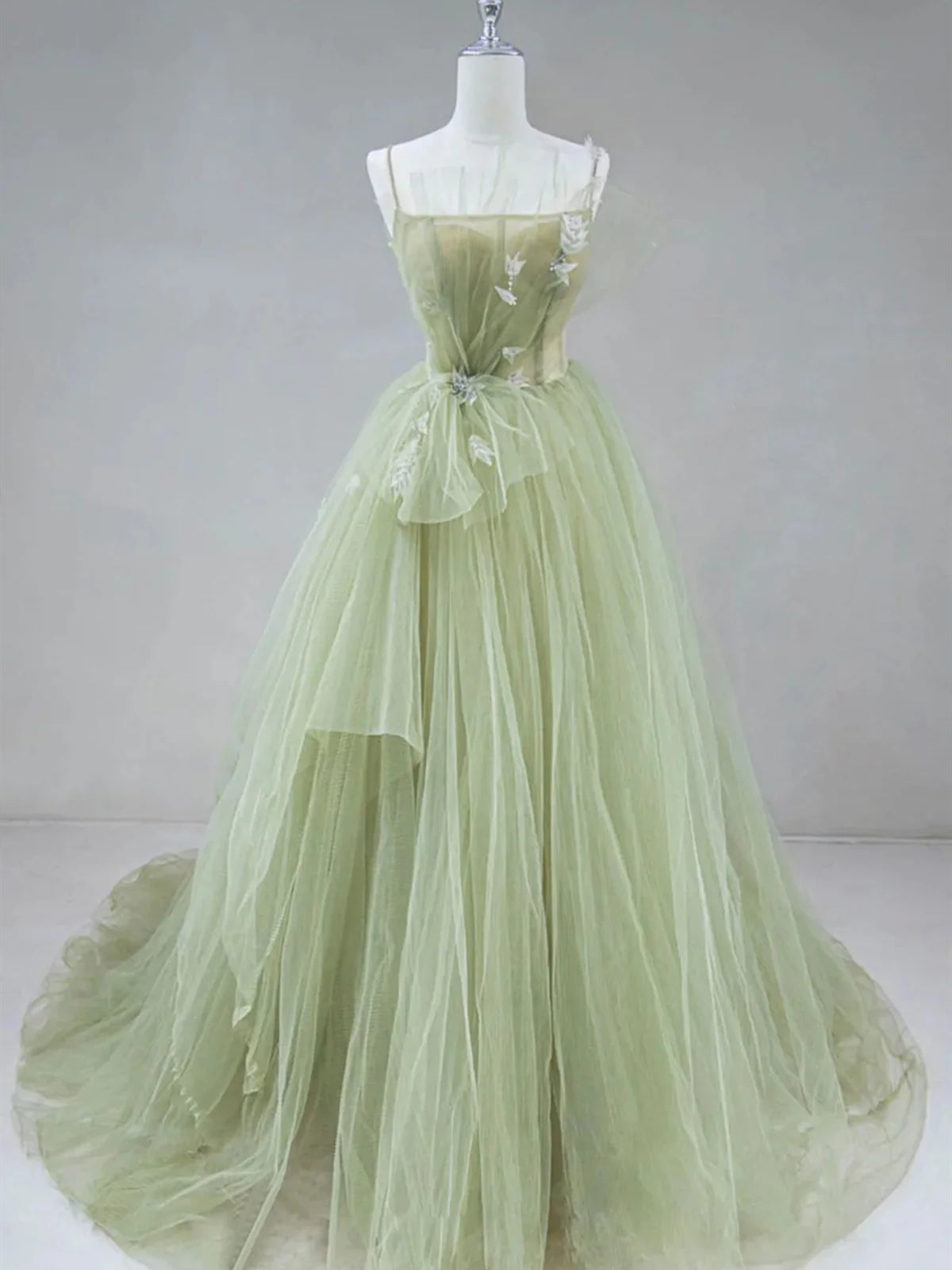 Elegant A Line Open Back Green Tulle Long Prom Dresses, Green Formal Graduation Evening Dresses