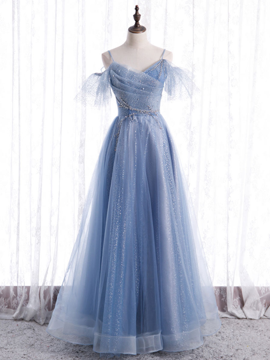 Elegant  A line Tulle Sequin Blue Long Prom Dress, Tulle Blue Formal Evening Dress