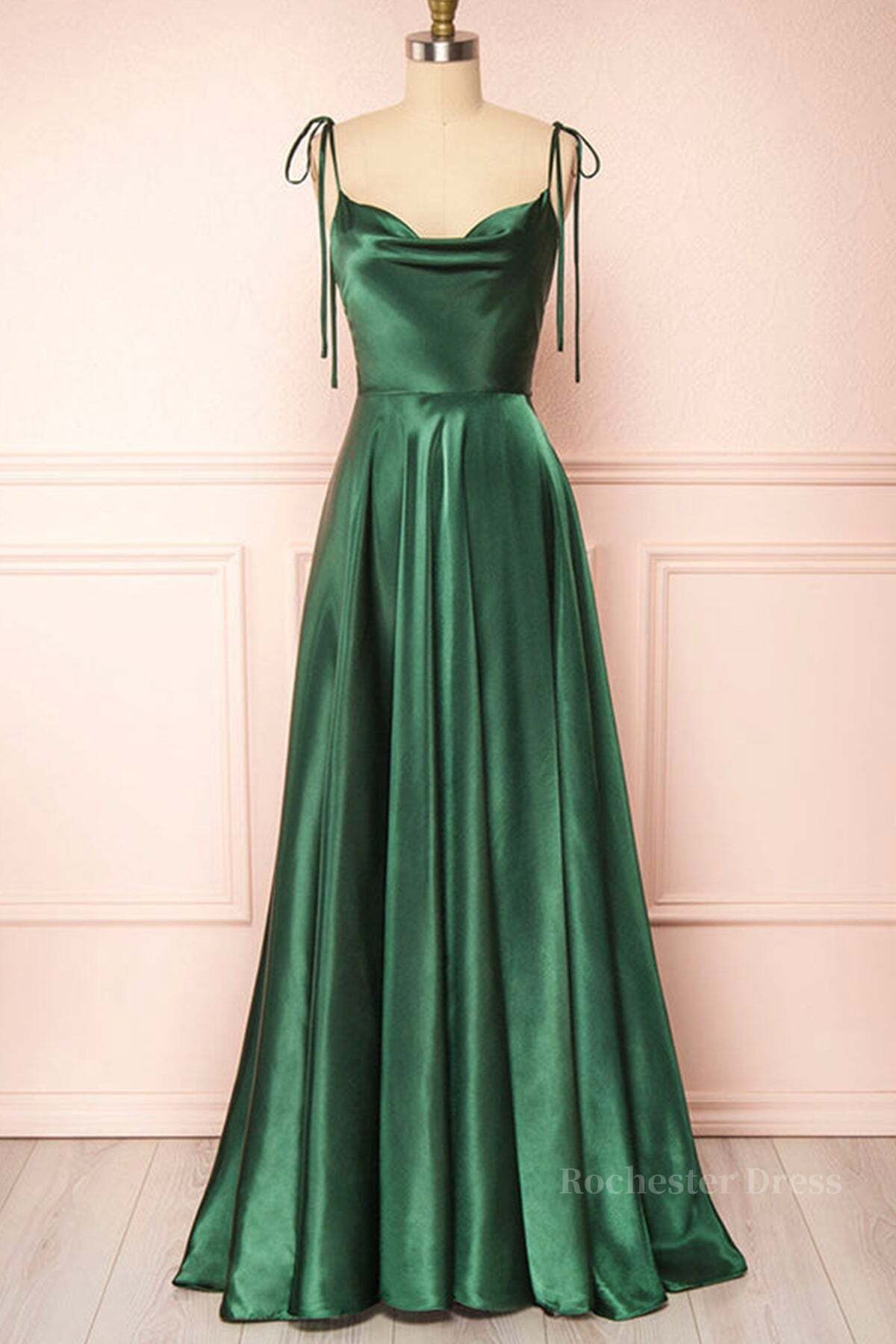 Elegant Backless Green Satin Long Prom Dresses, Backless Green Formal Graduation Evening Dress