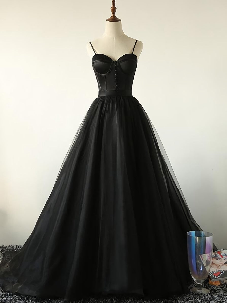 Elegant Black Straps Tulle Sweetheart Prom Dress, Black Party Dress