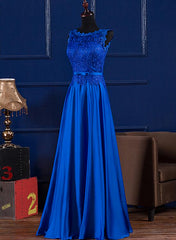 Elegant Blue Satin A-line Long Prom Dress , Bridesmaid Dress for Sale