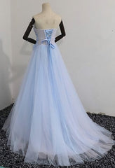 Elegant Blue Tulle Sweetheart Party Dress Formal Dress, Blue Lace Applique Prom Dress 2022