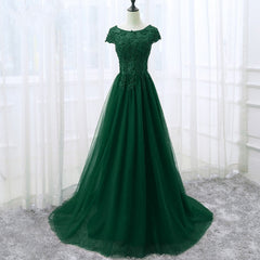 Elegant Cap Sleeve Lace Applique Tulle Party Dress, Prom Gowns