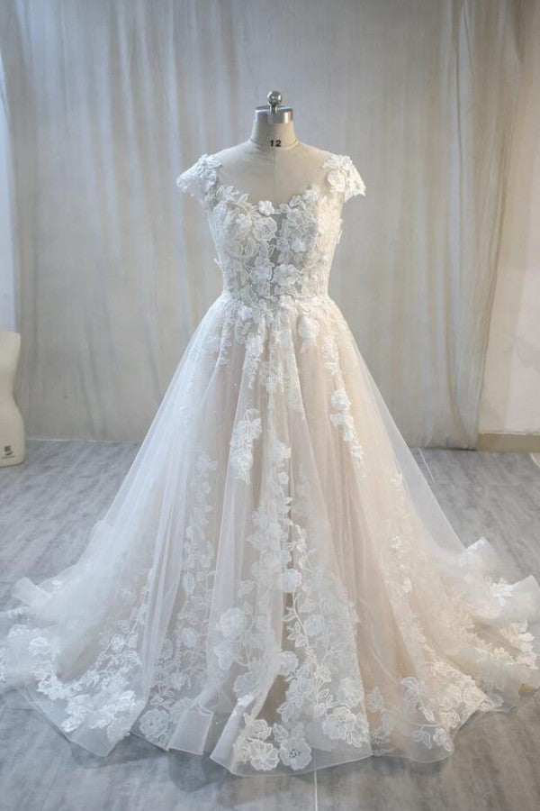 Elegant Long A-Line Bateau Backless Appliques Lace Tulle Wedding Dress